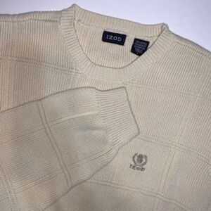 IZOD Mens Cream Cotton Textured Windowpane Grid Crewneck Sweater Pullover Preppy